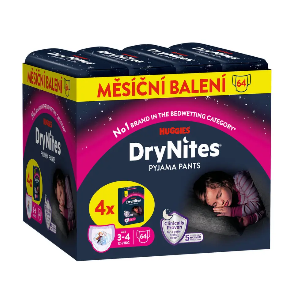 DryNites natahovací kalhotky pro dívky JUMBO box 3-4 roky / 12-21kg / 4x16ks