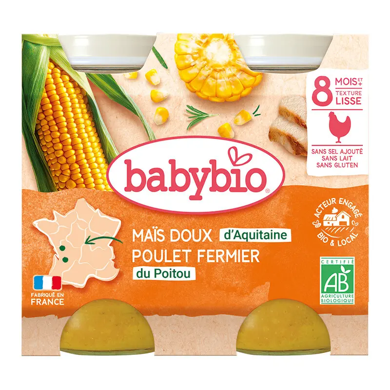 BABYBIO sladká kukuřice-mrkev-kuře.maso 8m+ 2x200g