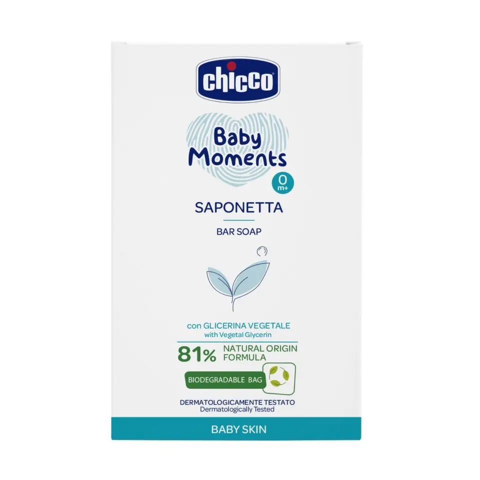 CHICCO Mýdlo na ruce tuhé s rostlinným glycerinem Baby Moments 81 % přírodních složek 100