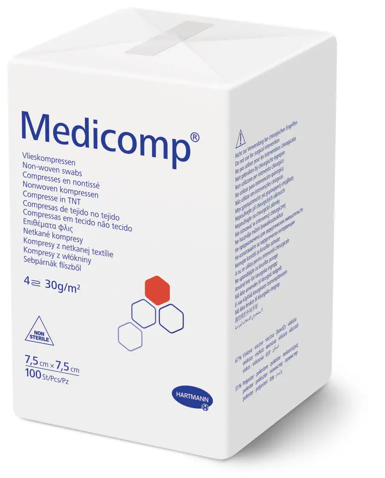 KOMPRESY MEDICOMP NESTERILNÍ 7,5X7,5CM,NETKANÝ TEXTIL,4 VRSTVY,100KS