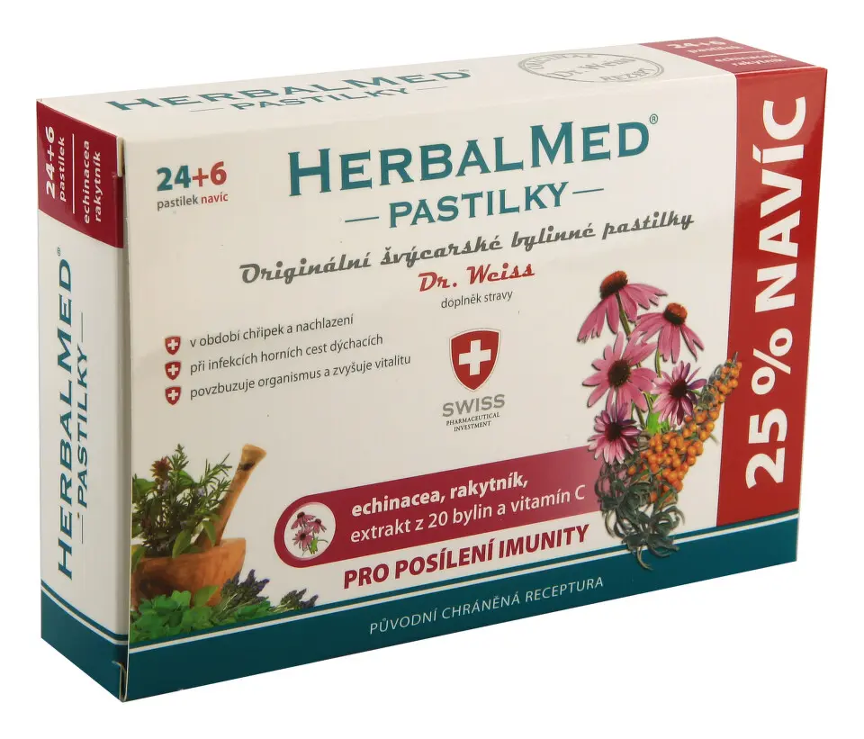 DR. WEISS Herbalmed echinacea + rakytník + vitamín C 24+6 pastilek