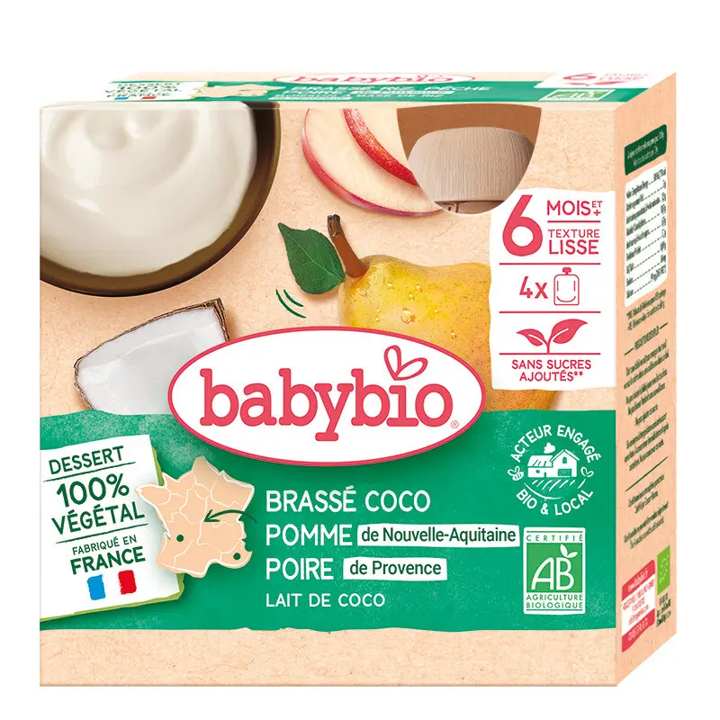 BABYBIO Kapsička svačinka s kokosovým mlékem jablko a hruška 4 x 85 g