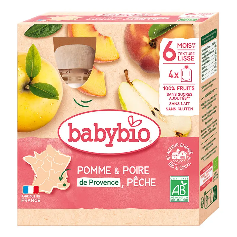 BABYBIO Jablko s hruškou a broskví 6m+ 4 x 90 g