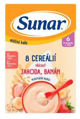Sunar Mléčná kaše 8 cereálií s příchutí jahody a banánu 210 g