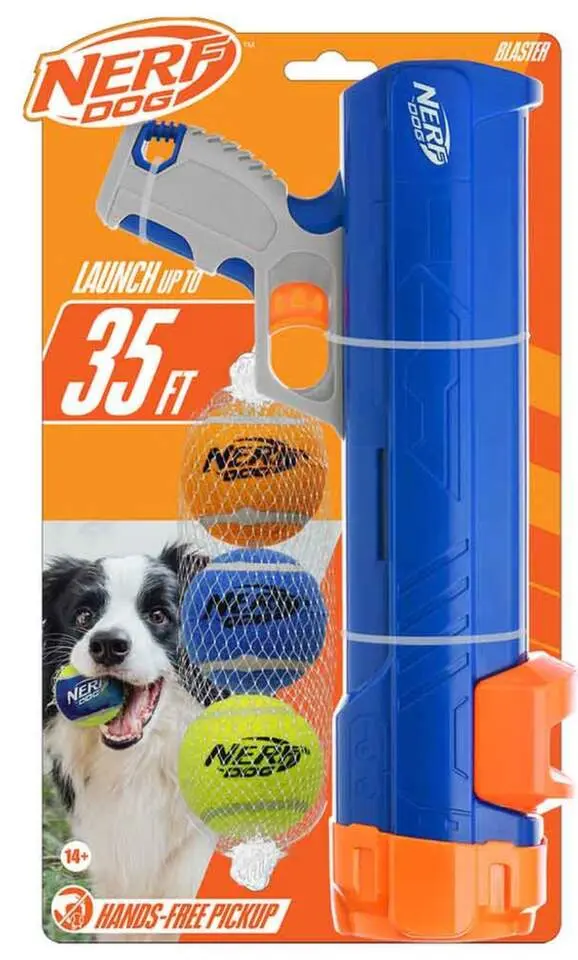 NERF DOG Hračka pro psy Blaster 30 cm bez klipu na míček + 3 ks pískacích tenisových míčků 5 cm