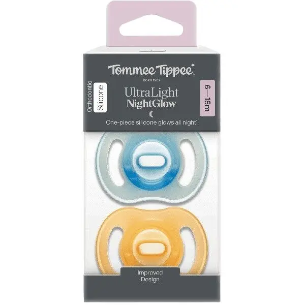Tommee Tippee Ultra-light Night silikonový dudlík, 0-6m, 2 ks, oranžová a modrá