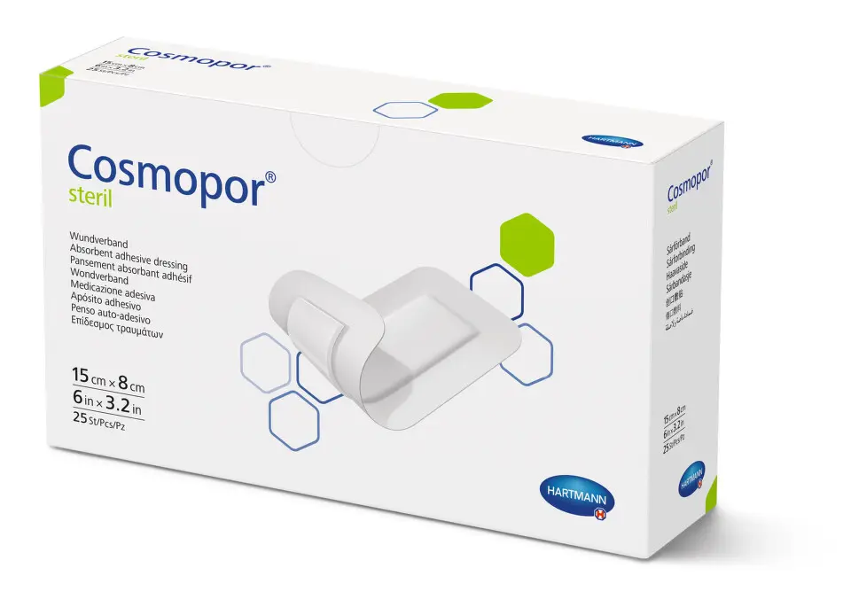 NÁPLAST HYPOALERGENNÍ COSMOPOR STERILNÍ 8X15CM,S POLŠTÁŘKEM,25KS