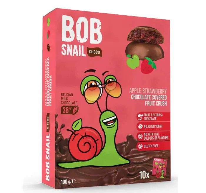 Šnek BOB v mléčné čokoládě jablko-jahoda 10× 10 g