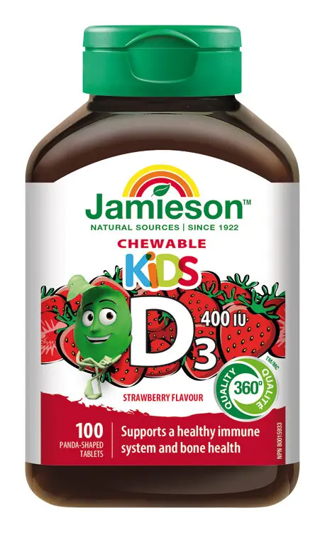 Jamieson Vitamín D3 Kids 400 IU tablety na cmúľanie s příchutí jahody pro děti 100tbl.
