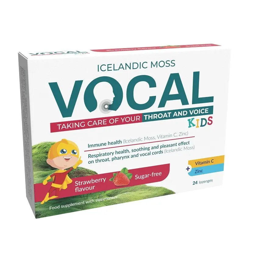 Vocal Vocal Kids měkké pastilky s příchutí Jahody doplněk stravy při potížích s hlasem příchuť strawberry 24 ks