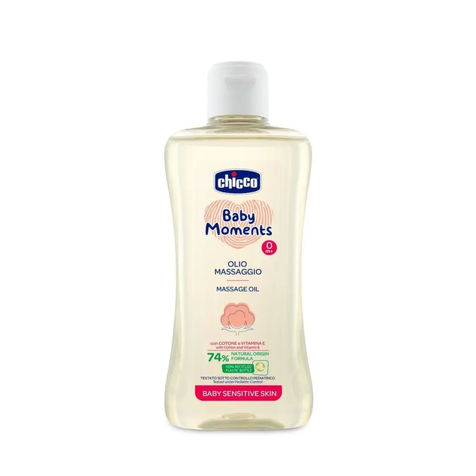 CHICCO Olej masážní s bavlnou a vitamínem E Baby Moments Sensitive 74 % přírodních složek