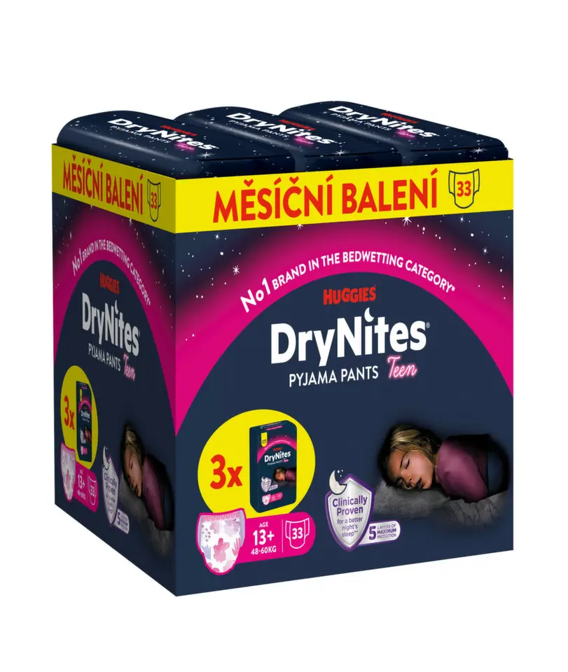 DryNites natahovací kalhotky na noc pro dívky JUMBO box 13+ let / 48-60kg / 3x11ks