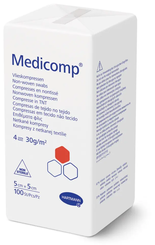KOMPRESY MEDICOMP NESTERILNÍ 5X5CM,NETKANÝ TEXTIL,4 VRSTVY,100KS