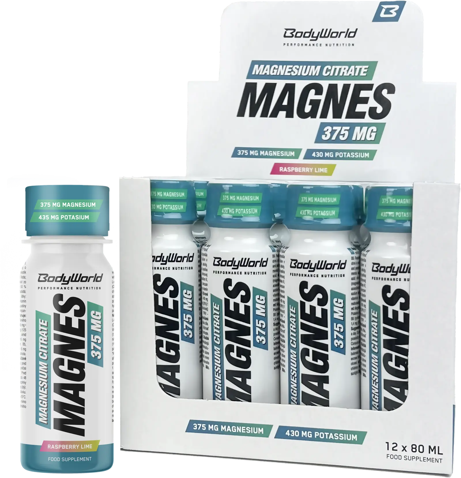 12x BodyWorld Magnesium Shot 80 ml malina-limetka