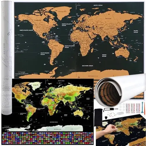 Stírací mapa s vlajkami – Scratch Map the World + doplňky
