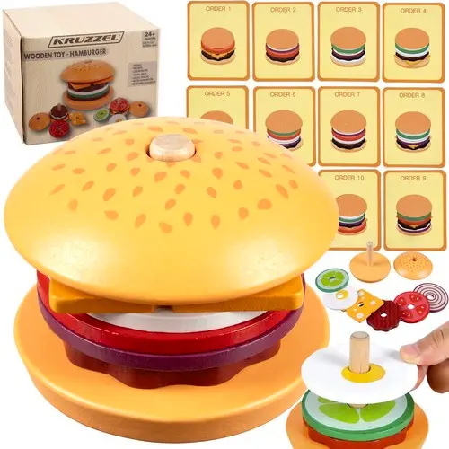 Dřevěná skládačka Burger – vzdělávací hračka pro rozvoj motoriky a logického myšlení