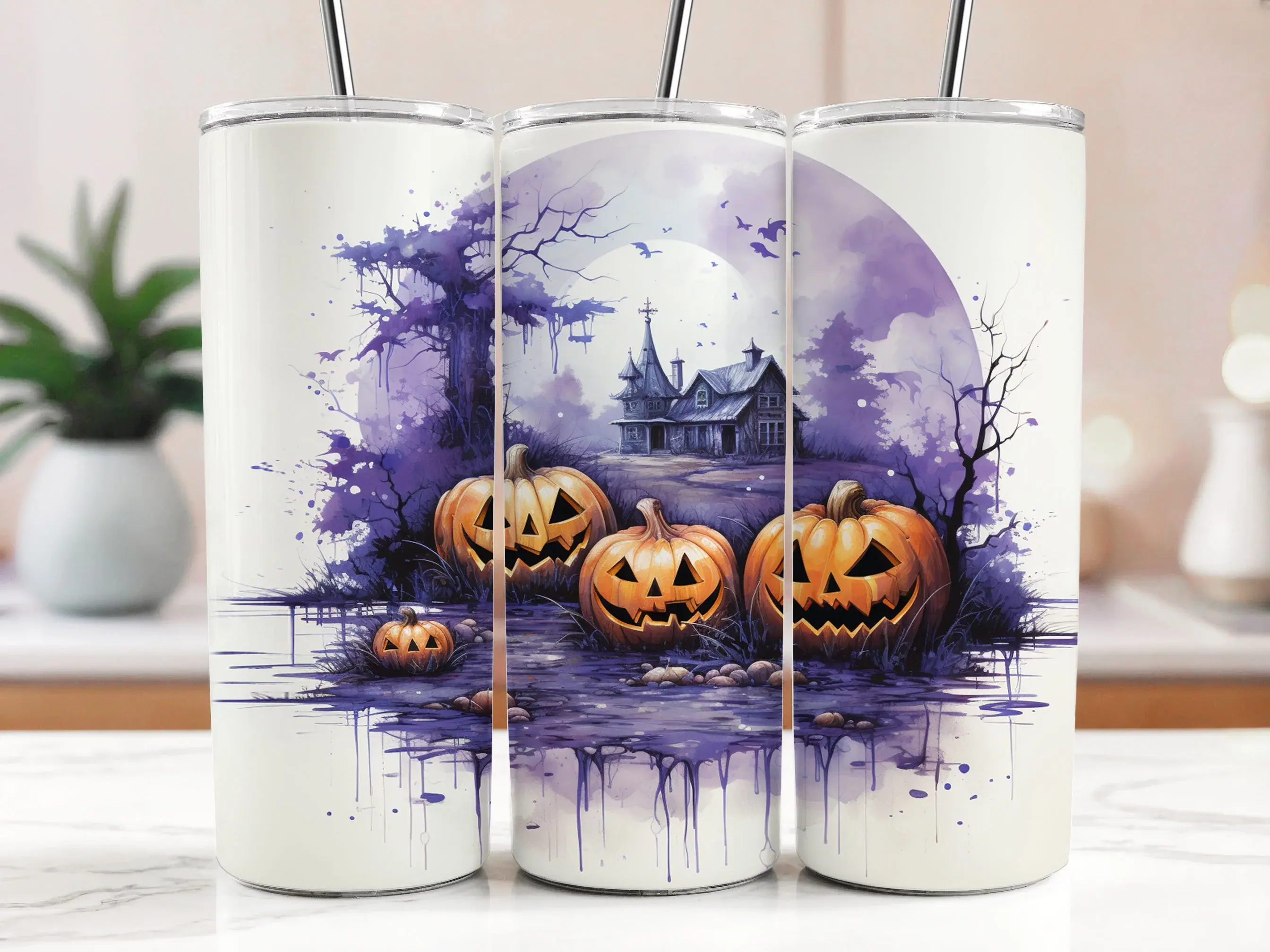 Cestovní termokelímek s brčkem 590 ml – Halloweenský strašidelný dům a dýně 04