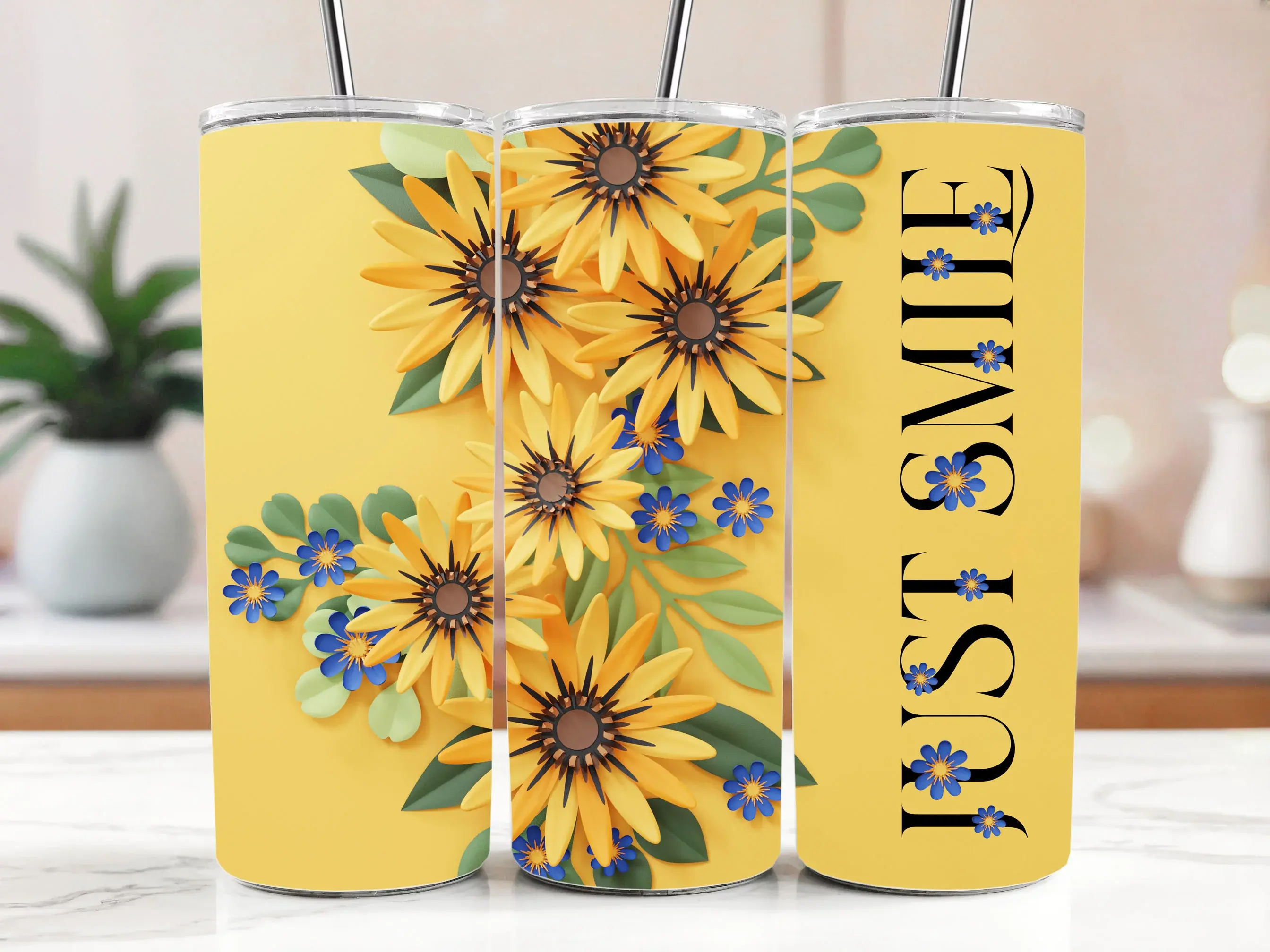 Cestovní termokelímek s brčkem 590 ml – Žluté květy a Just Smile 07