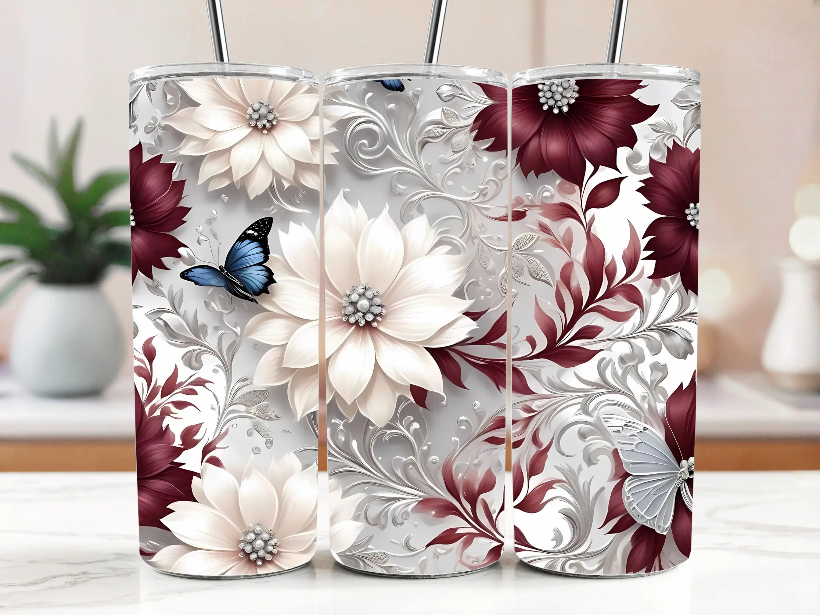 Cestovní termokelímek s brčkem 590 ml – Elegantní květy s motýlem 11
