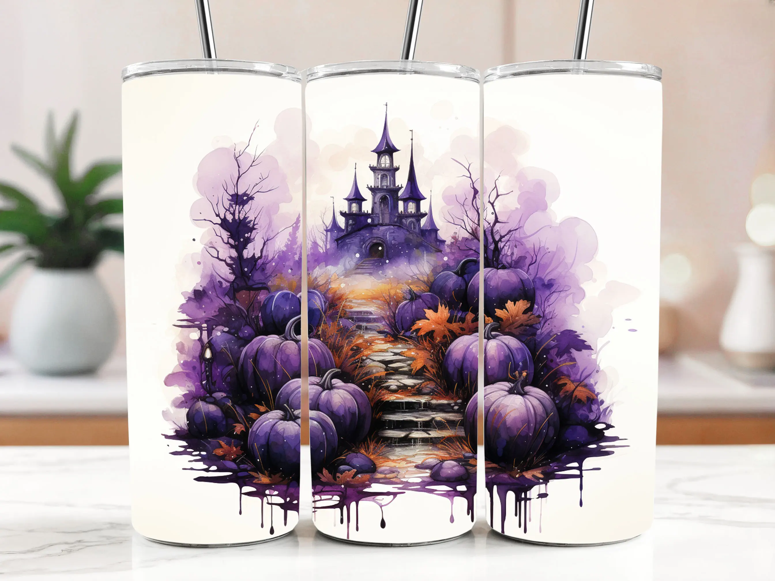 Cestovní termokelímek s brčkem 590 ml – Halloweenský fialový hrad s dýněmi 17