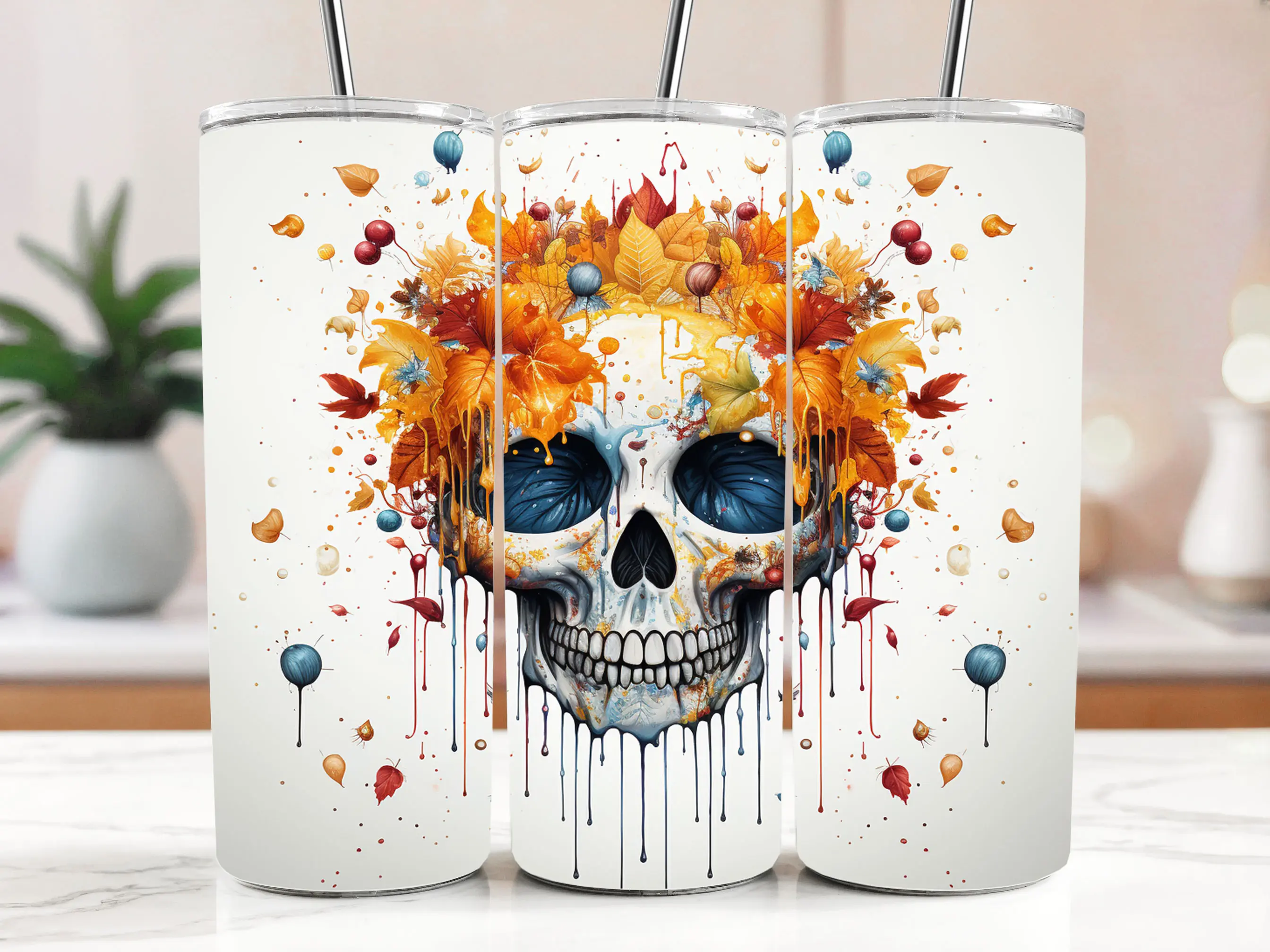 Cestovní termokelímek s brčkem 590 ml – Podzimní lebka Calavera s listím 29