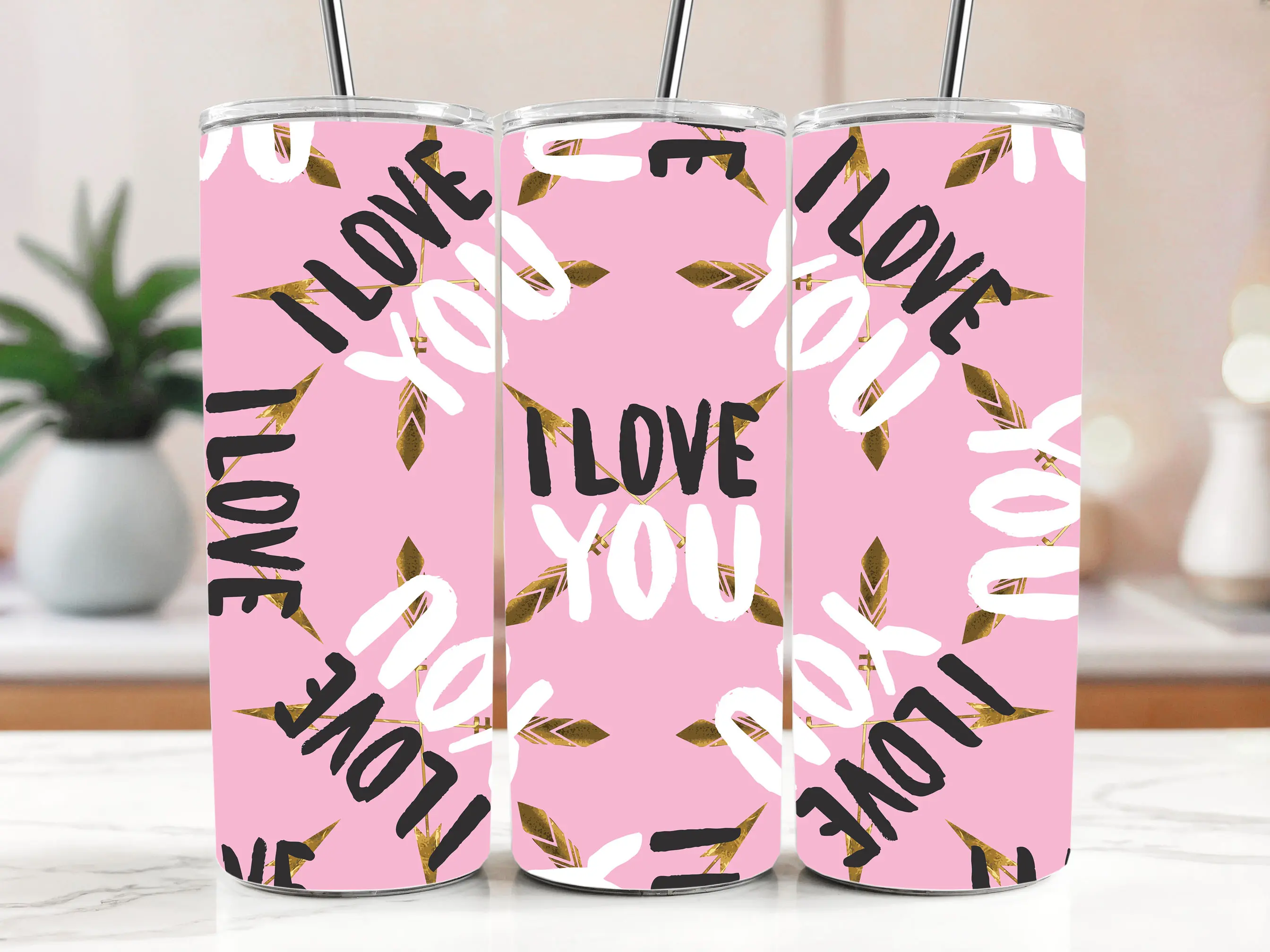Cestovní termokelímek s brčkem 590 ml – I Love You s pírky 39