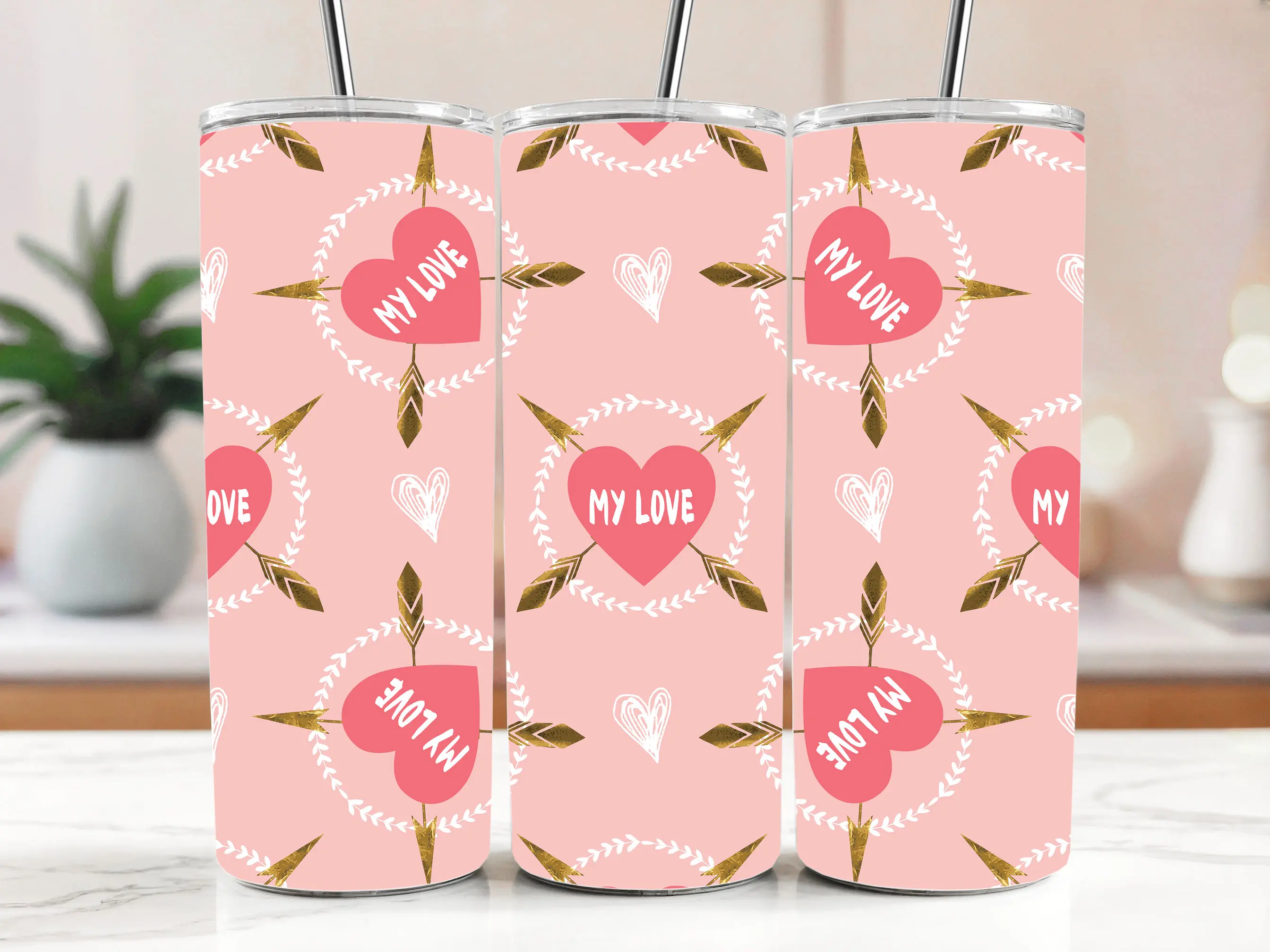 Cestovní termokelímek s brčkem 590 ml – Růžová srdce My Love se šípy 59