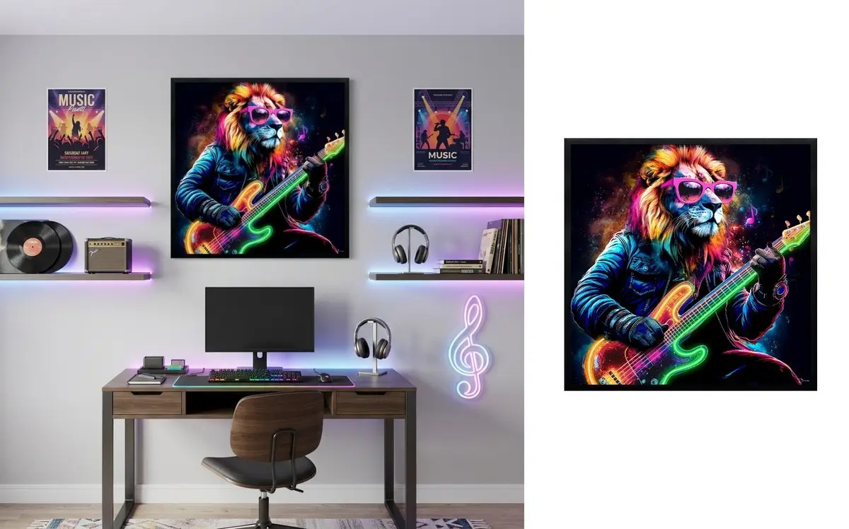 Lev s baskytarou v neon stylu - pop art LED hudební obraz na zeď - 83 × 83 cm