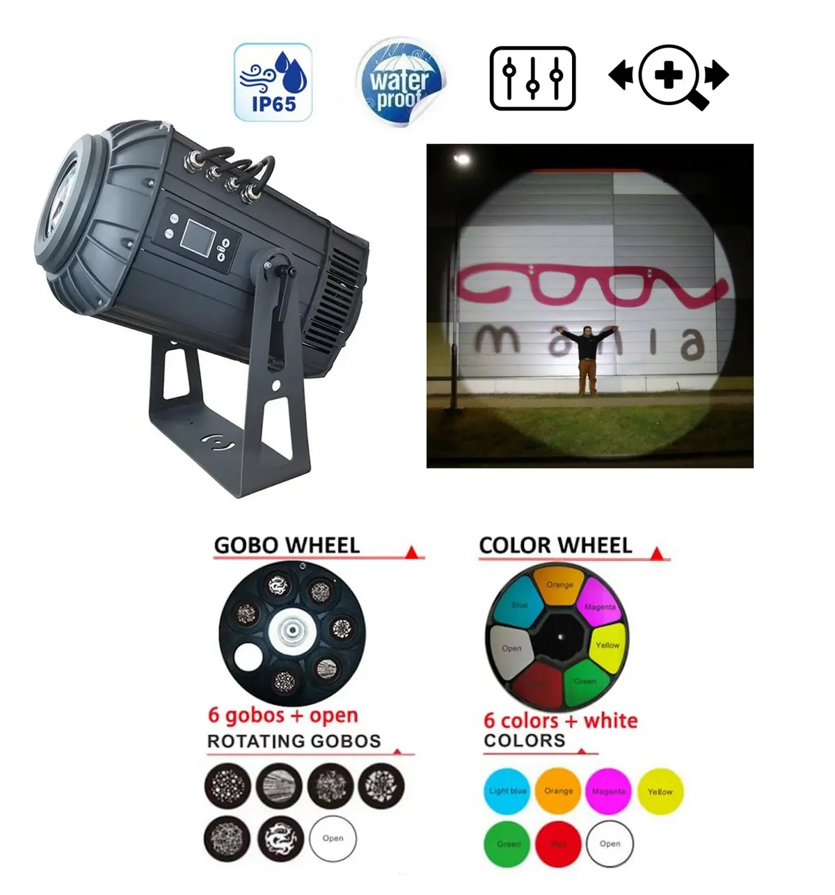 GOBO Projektor - ZOOM funkce 11°- 46° s 17 000lm projekce na stěny do 200M + zásobník na 7xLogo