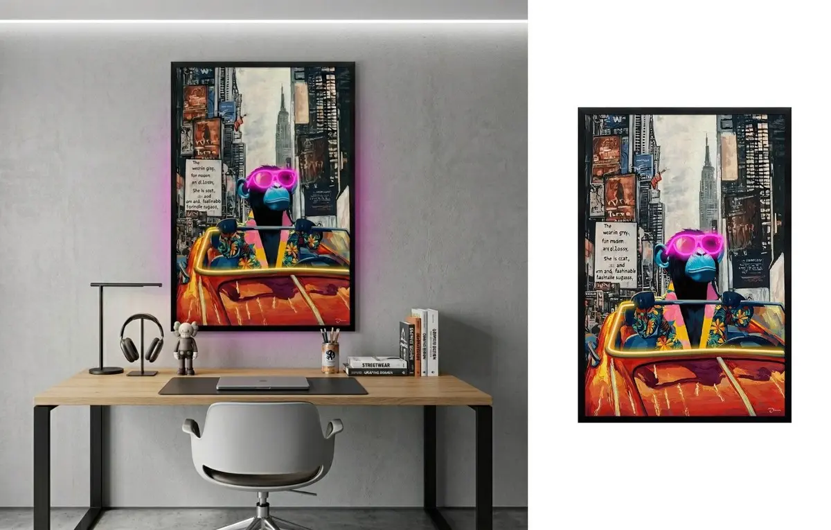 Pop art zábavný LED světelný obraz na zeď – Cool opice ve městě – 63 × 93 cm