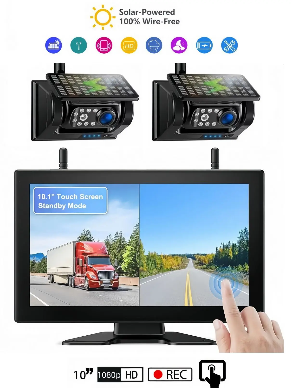 Solární parkovací set - 10" monitor + 2× WiFi HD magnetická kamera, IR LED, 9600 mAh baterie, IP69