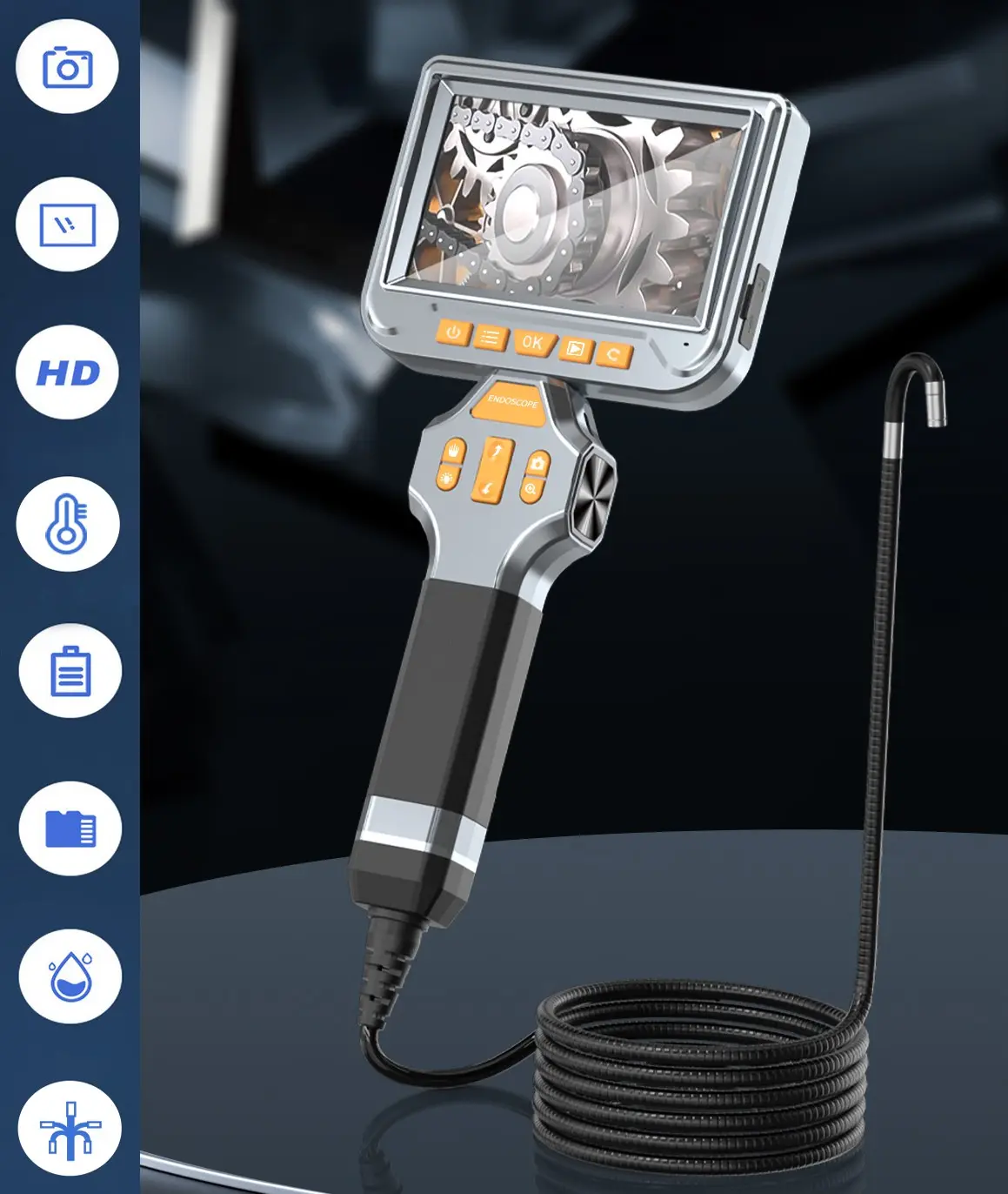 Endoskop 2 kloubový elektricky rotační s HD + auto zaostřování + 5" displej + 6mm kamera s LED + nahrávání na micro SD