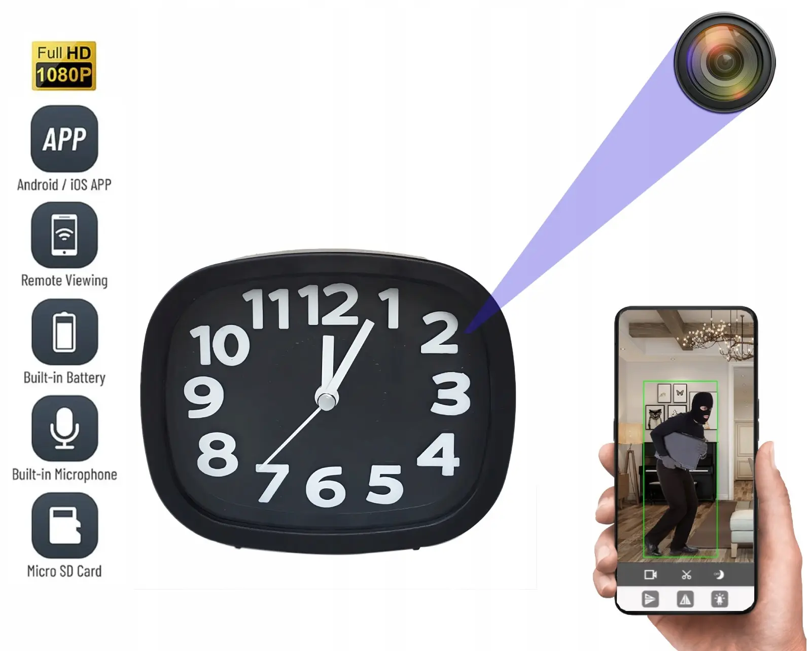 Budík s kamerou analogový s FULL HD + WiFi P2P skrytá kamera v budíku s IR nočním viděním