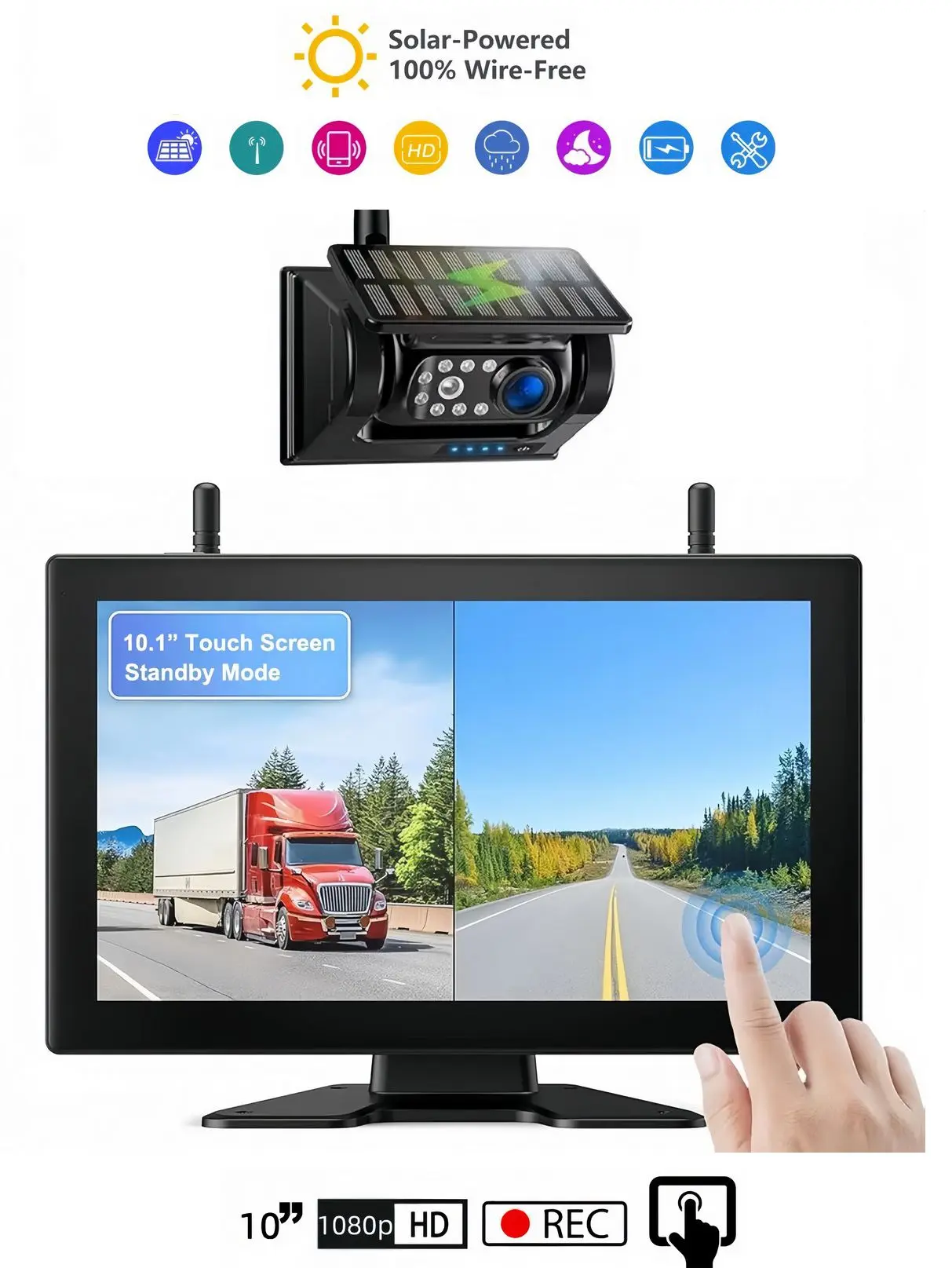 Solární couvací set 10" monitor + 1x Wifi HD kamera magnetická s IR LED + baterie 9600 mAh s IP69