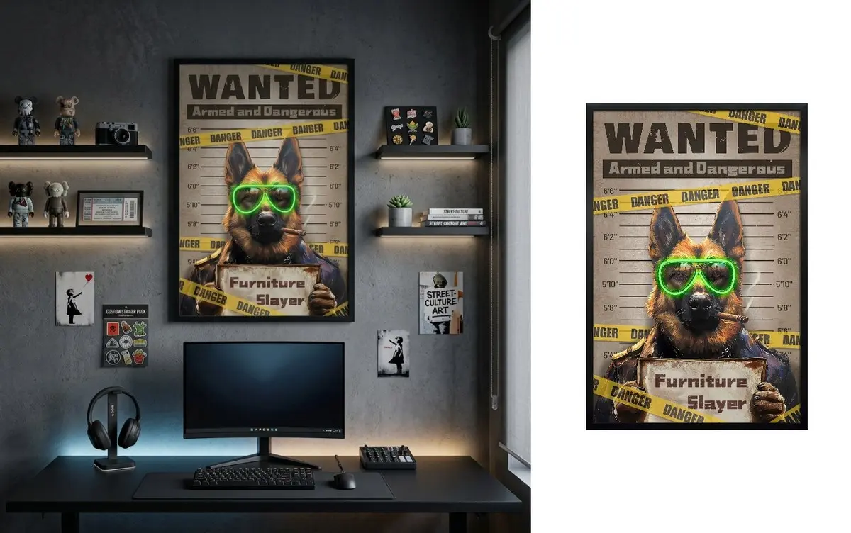 Pes ve vězení Vlčák s doutníkem – LED obraz v pop art stylu - 63 × 93 cm