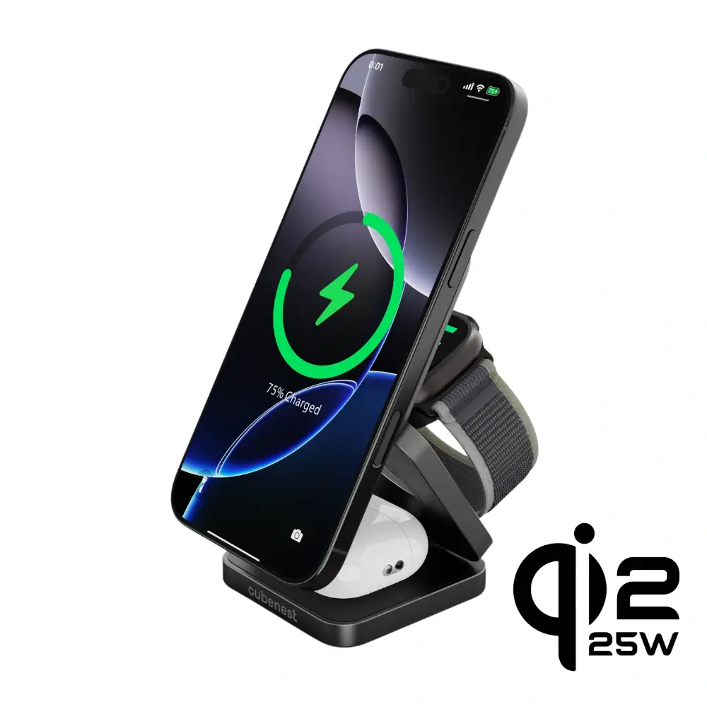 Cubenest 3v1 Qi2.2 Skládací bezdrátová magnetická nabíječka SQ312 Pro černá