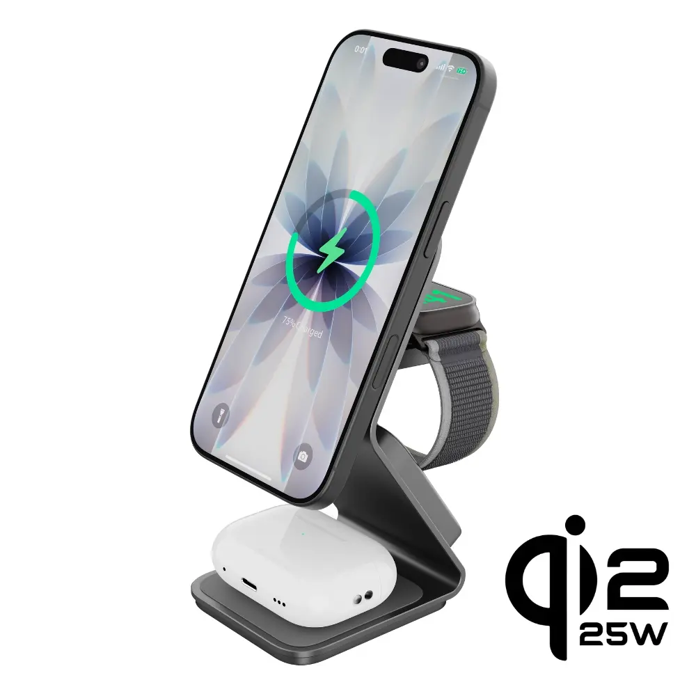Cubenest 3v1 Qi2.2 Bezdrátová magnetická nabíječka SQ314 šedá