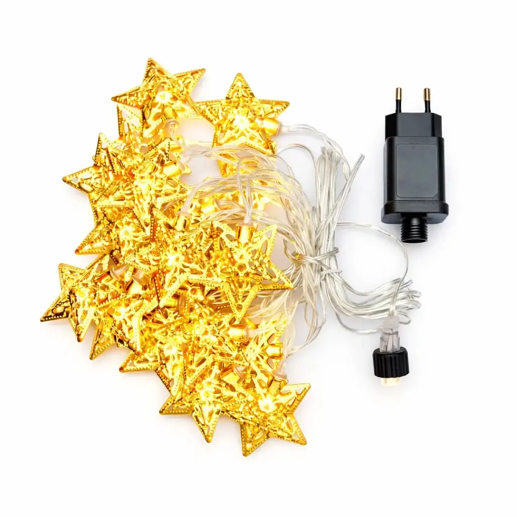 LED světelný řetěz, kovové hvězdy, 7 m, vnitřní, teple bílá, 20 diod, čirý kabel, IP20, vč. zdroje