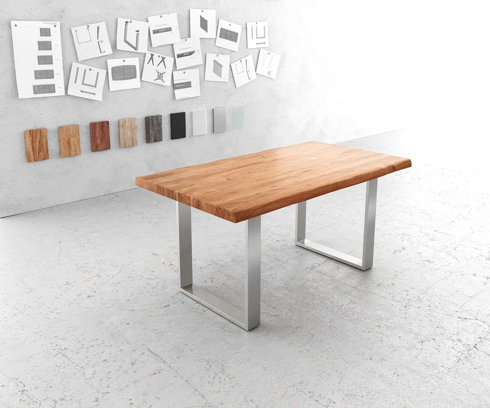 DELIFE Jídelní stůl Edge 160x90 cm XL akácie přírodní nerezová ocel úzký Live-Edge