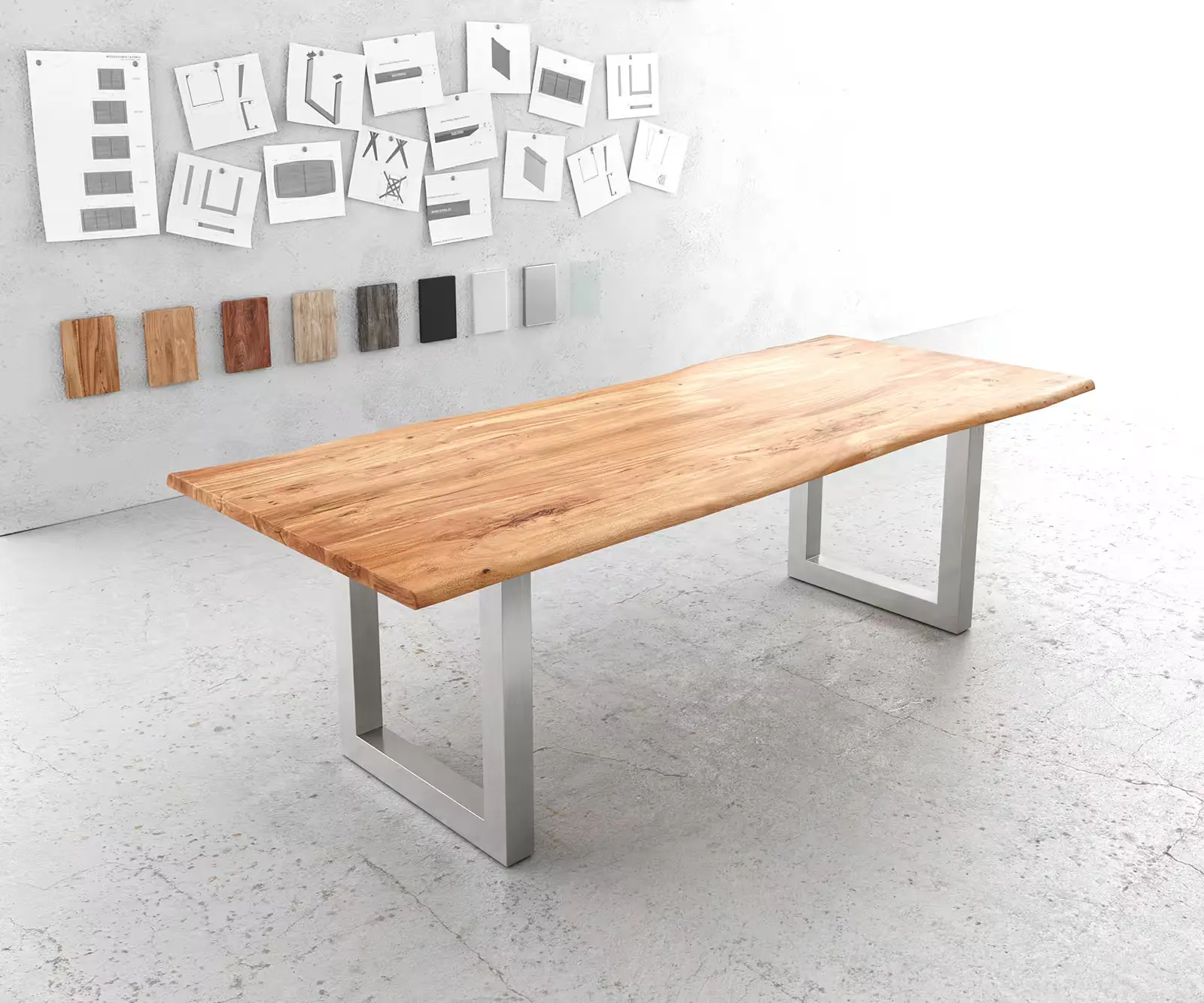 DELIFE Jídelní stůl Edge 240x100 cm akácie přírodní nerezová ocel široký Live-Edge