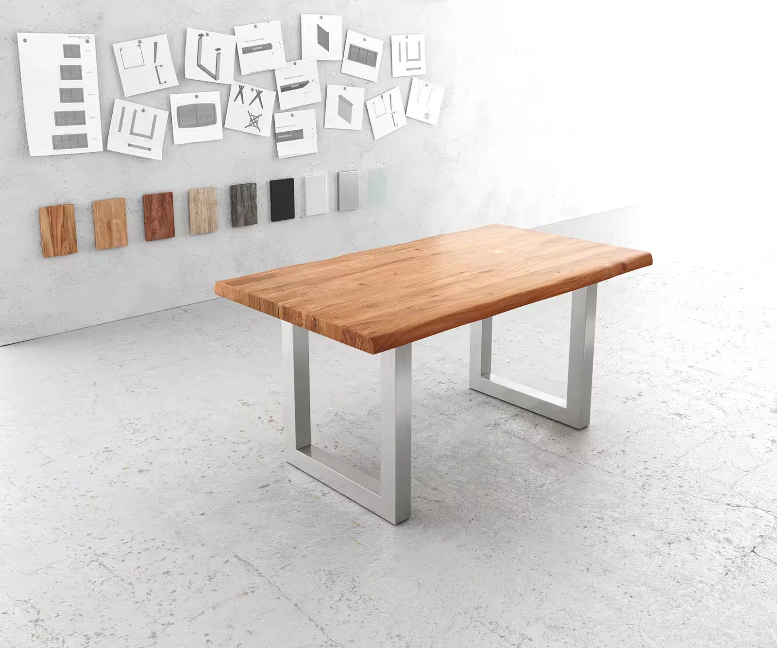 DELIFE Jídelní stůl Edge 160x90 cm XL akácie přírodní nerezová ocel široký Live-Edge