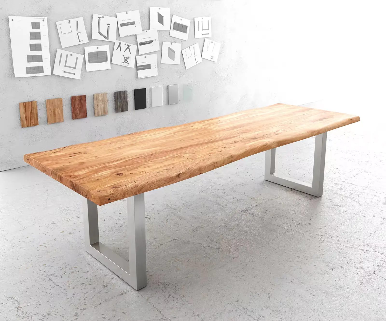 DELIFE Jídelní stůl Edge 280x100 cm XL akácie přírodní nerezová ocel široký Live-Edge