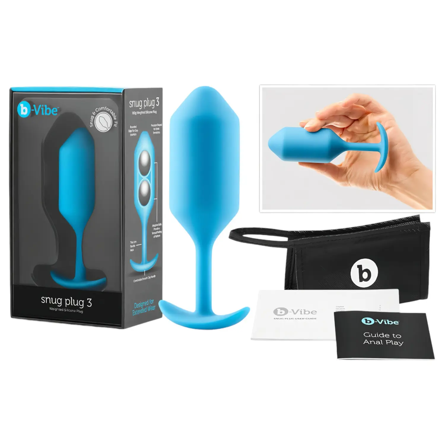 b-Vibe Snug Plug 3 - dvojitý kuličkový butt plug (180 g, modrý)