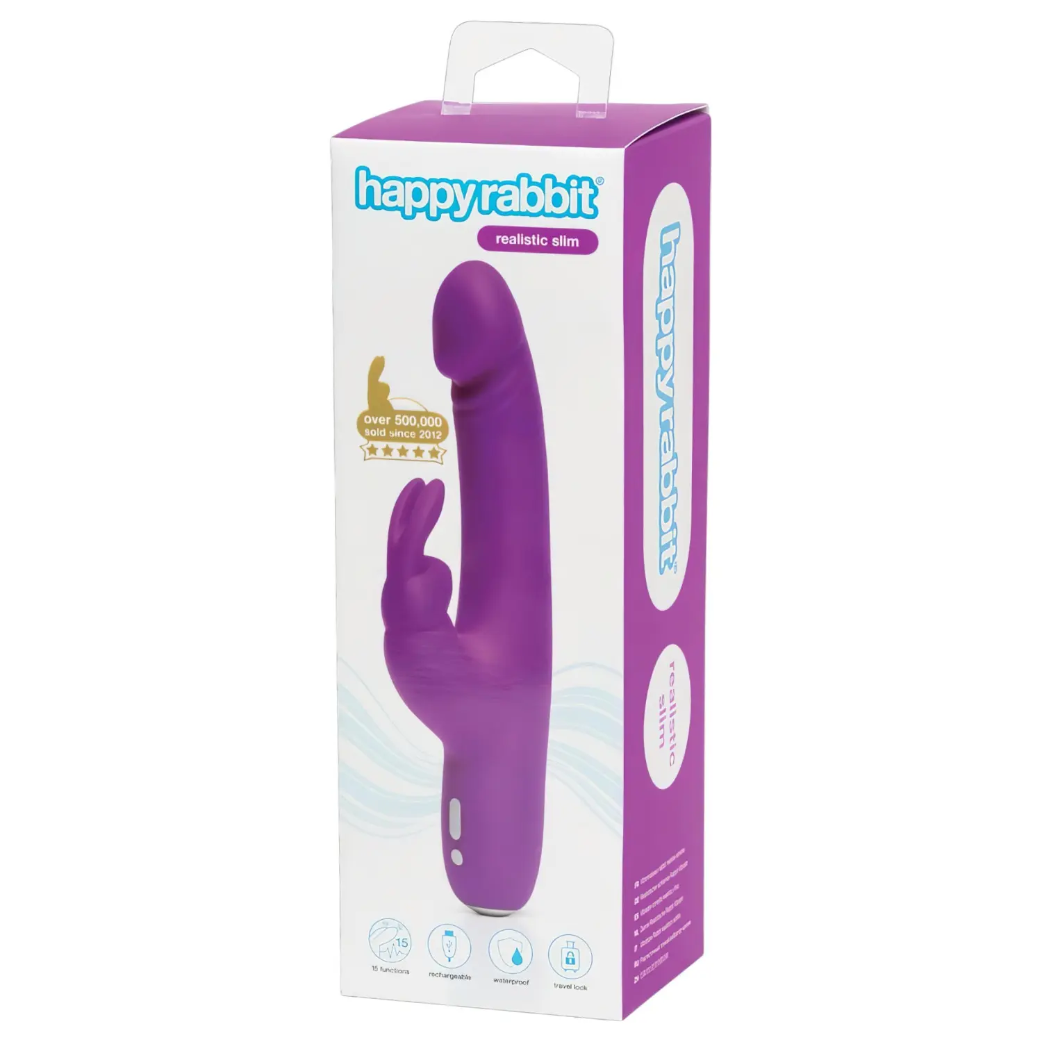 Happyrabbit - realistický vibrátor s klitorálním ramenem - dobíjecí, fialový