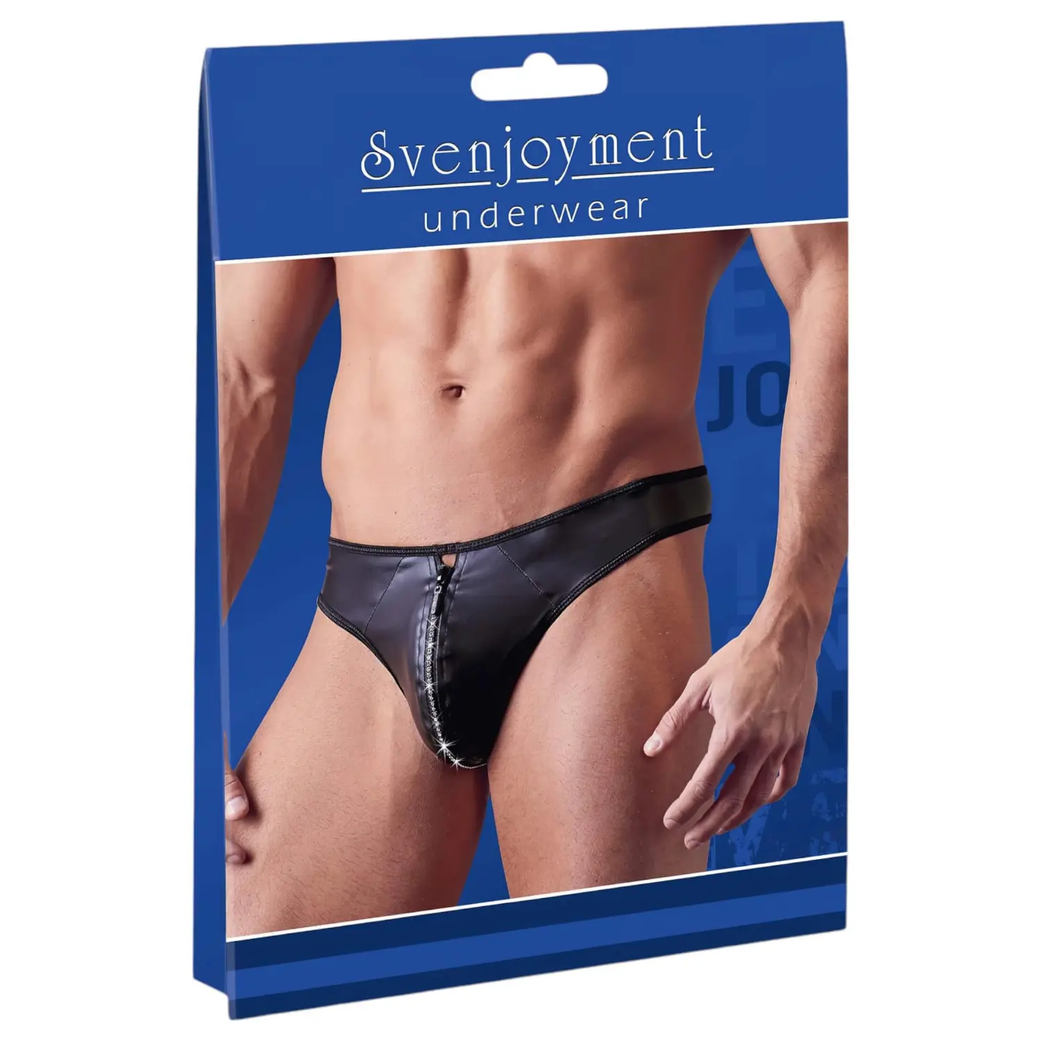 Svenjoyment - pánské lesklé tanga s kamínky a zipem - černé