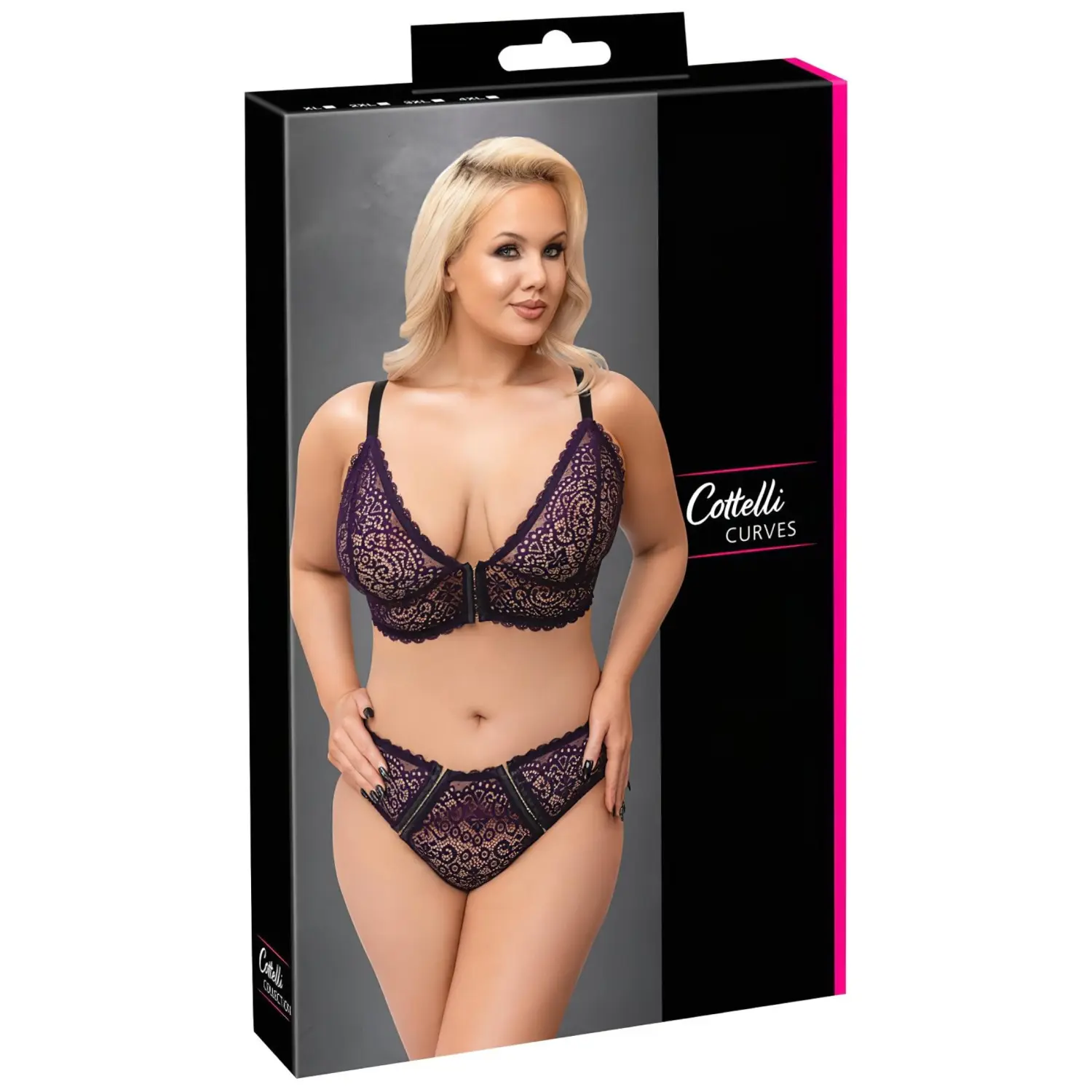 Cottelli Plus Size - průsvitný vzorovaný set podprsenky (fialový)