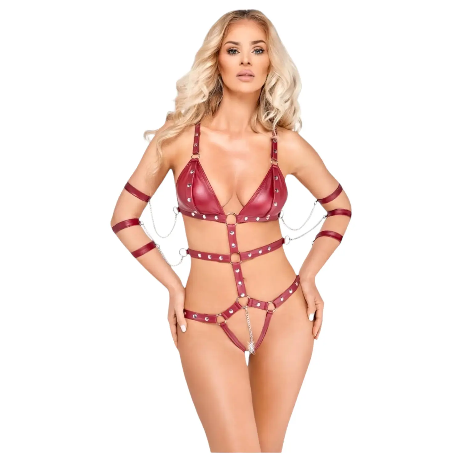 Bad Kitty - cvočkované bondage body (červené) -