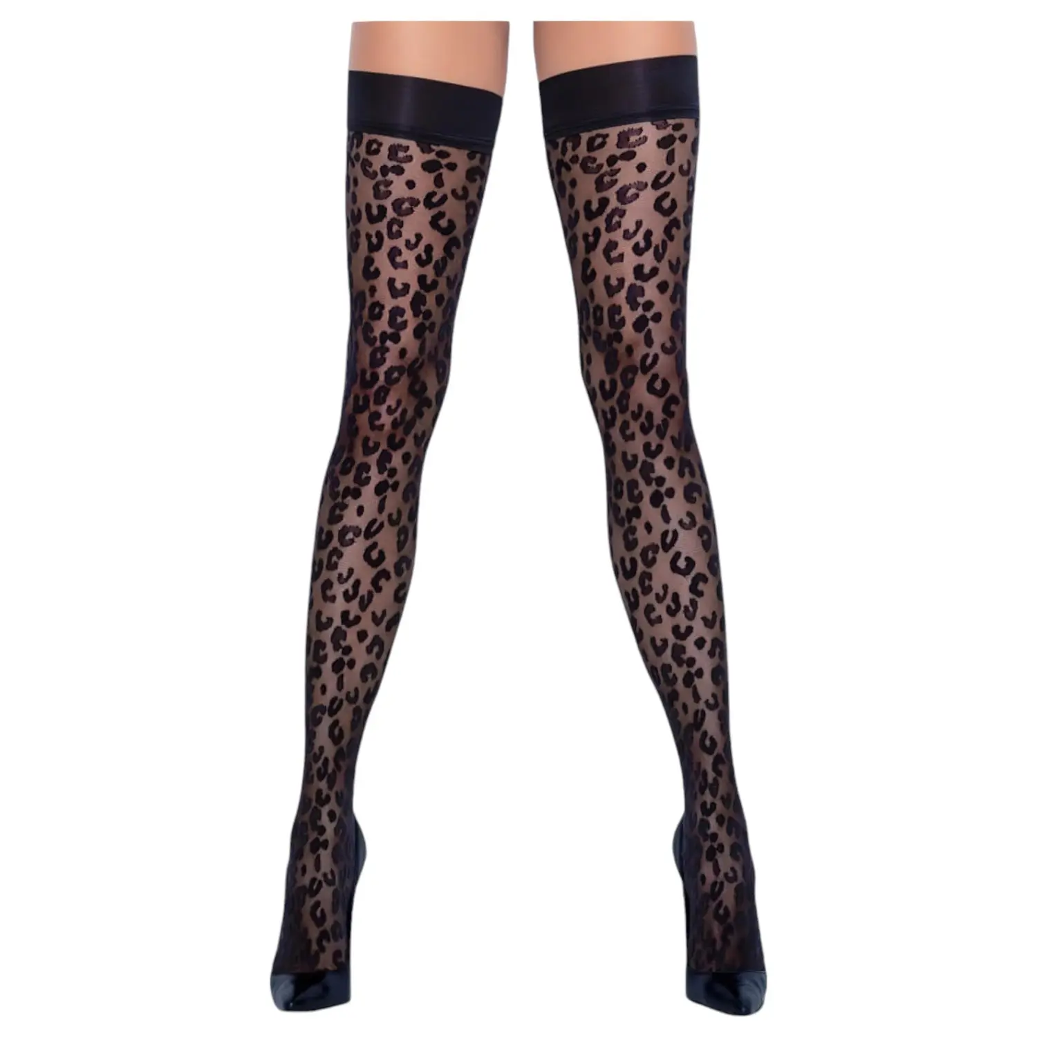 Cottelli Legwear - samodržící punčochy - leopardí vzor - černé