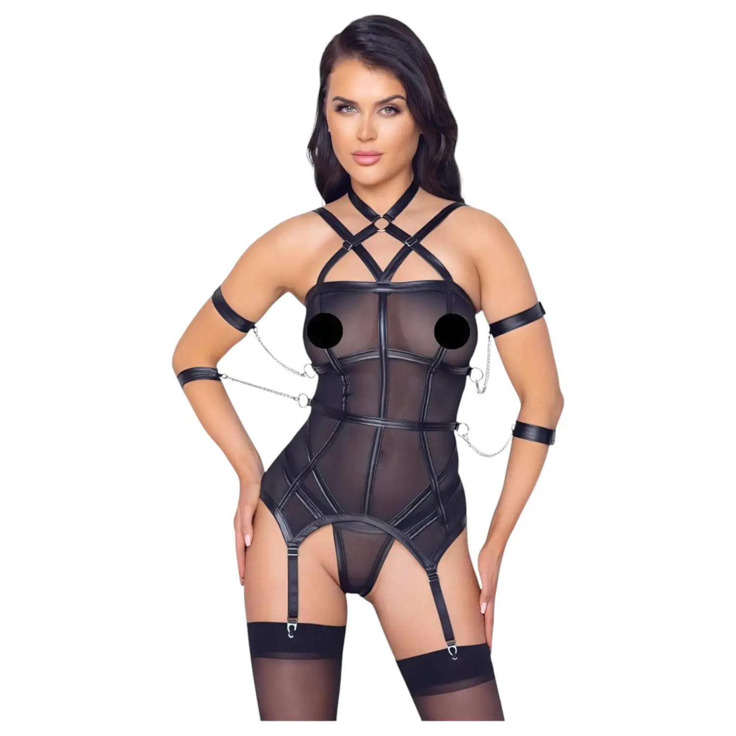 Cottelli Bondage - top s popruhy, pouta na ruce a tanga (černá)