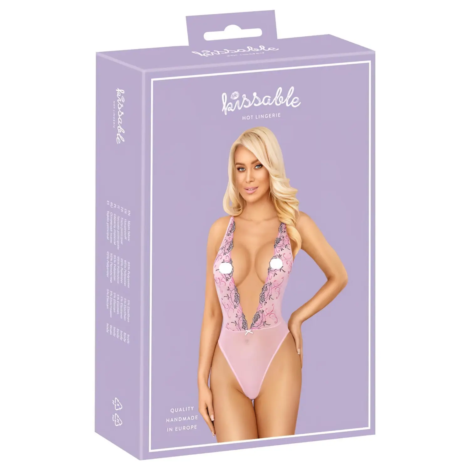 Kissable - erotické body s růžovou výšivkou - růžová - L/XL